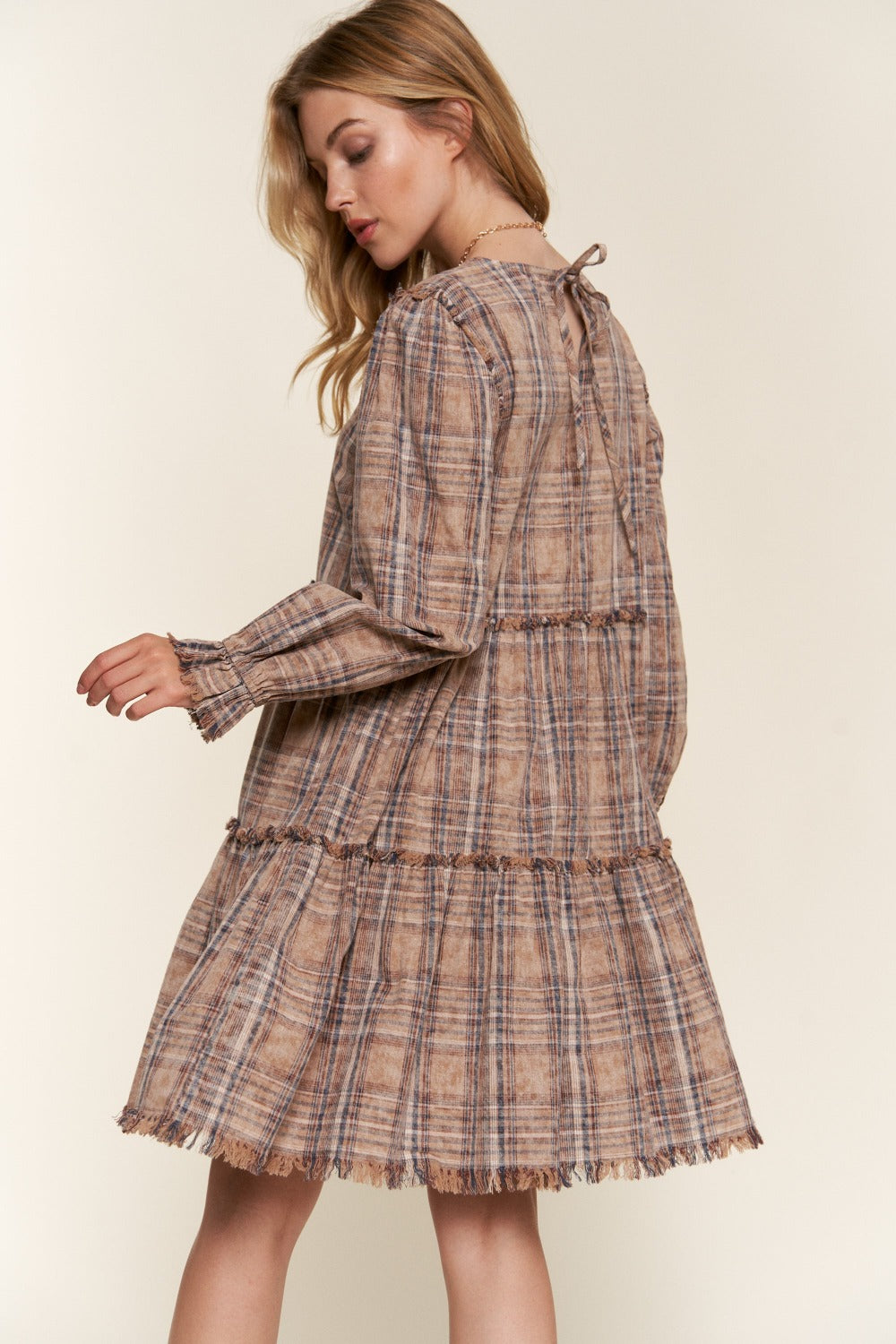 Women Full Size Washed Frayed Tiered Plaid Dress