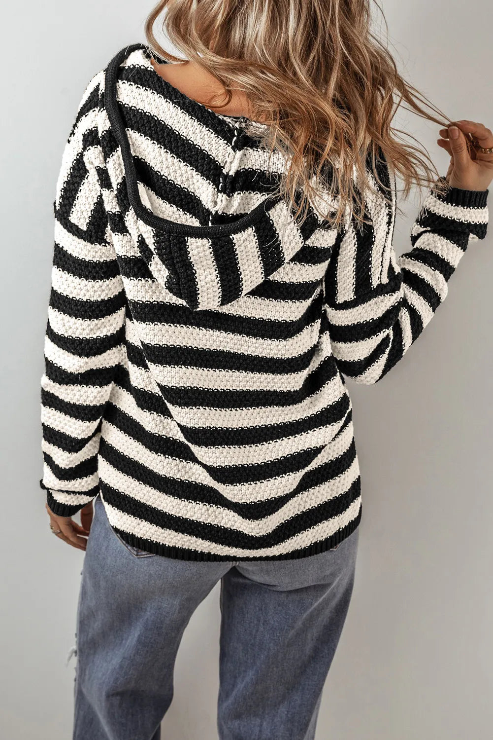 Women Draw String Stripped Hoddie Sweater