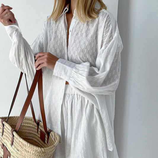 Women Elegant Lace Jacquard Puff Long Sleeve Top Short Design Casual Suit