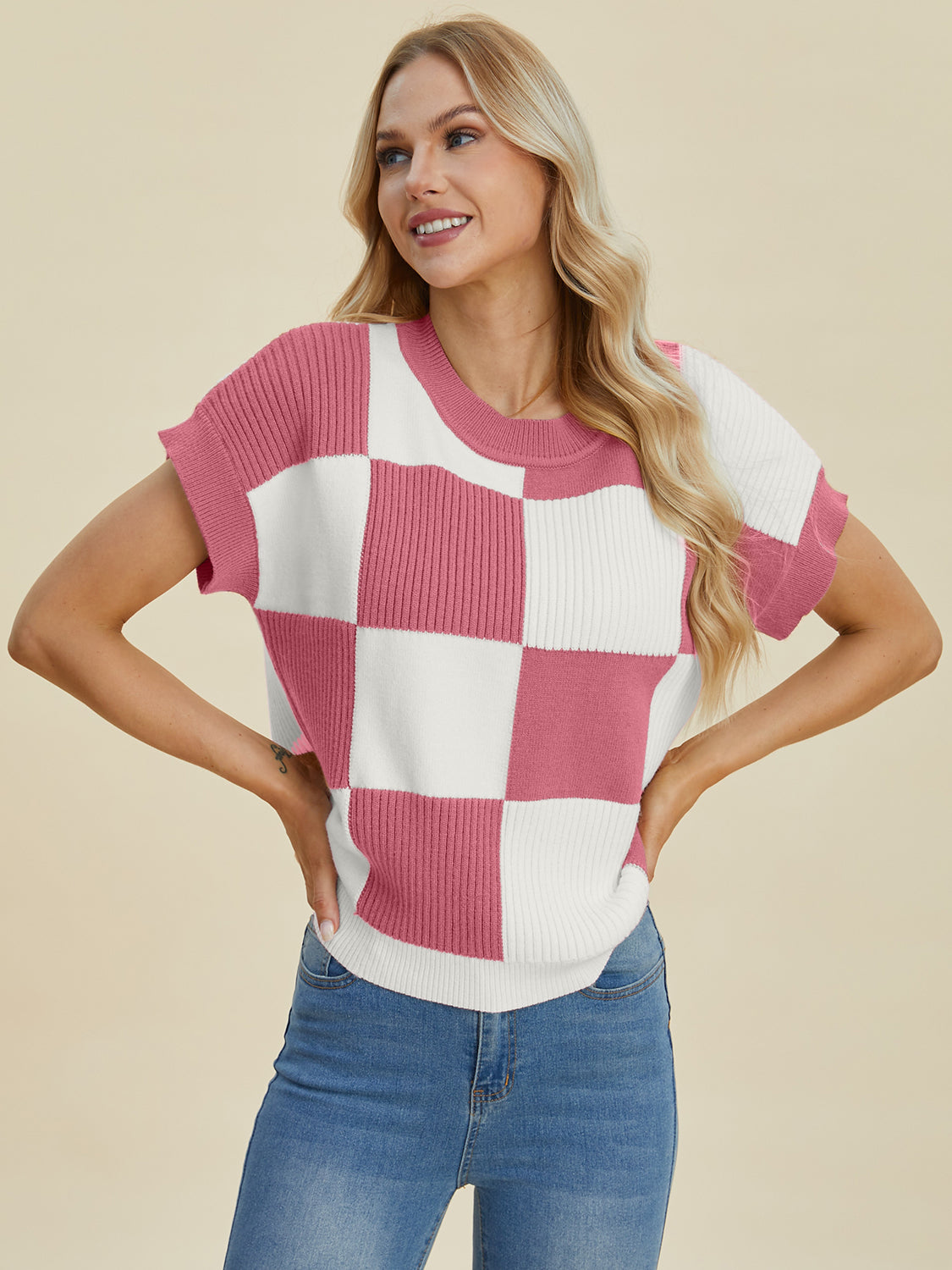 Women Full Size Checkered Round Neck Short Sleeve Sweater