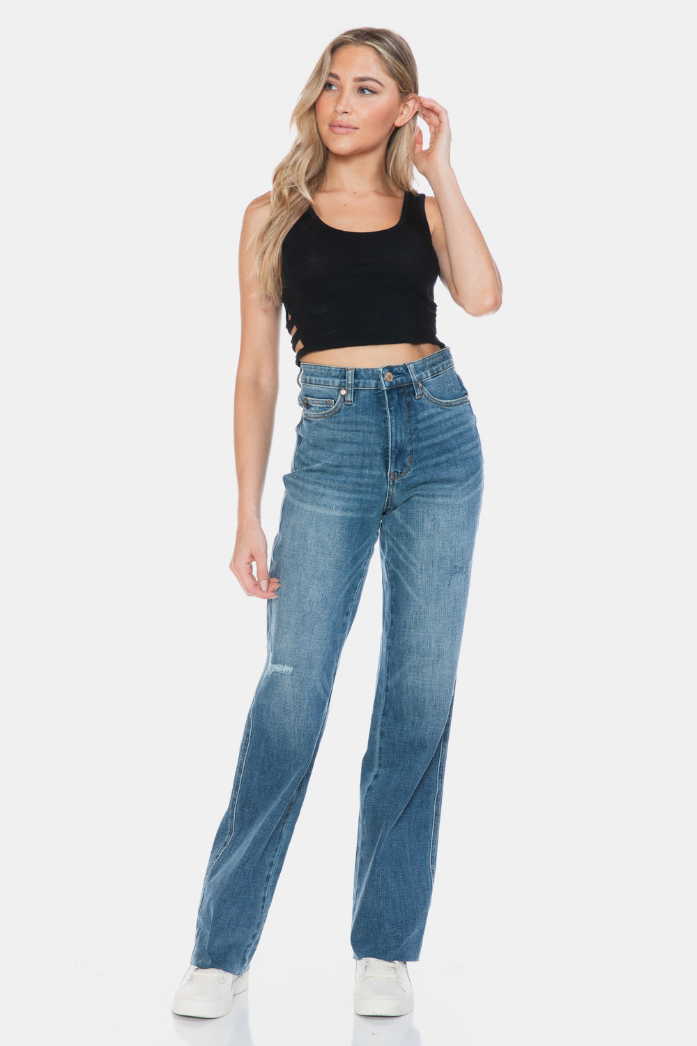Women Full Size Tummy Control Cut Raw Hem Straight Jeans