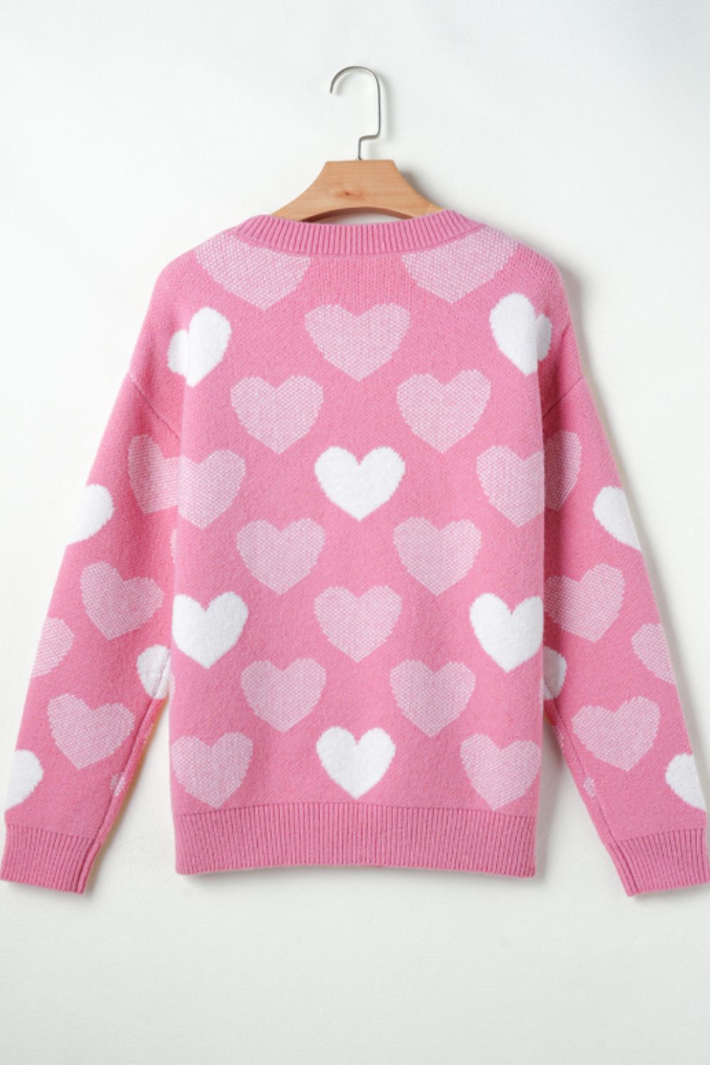 Women Pearl Trim Heart Round Neck Long Sleeve Sweater