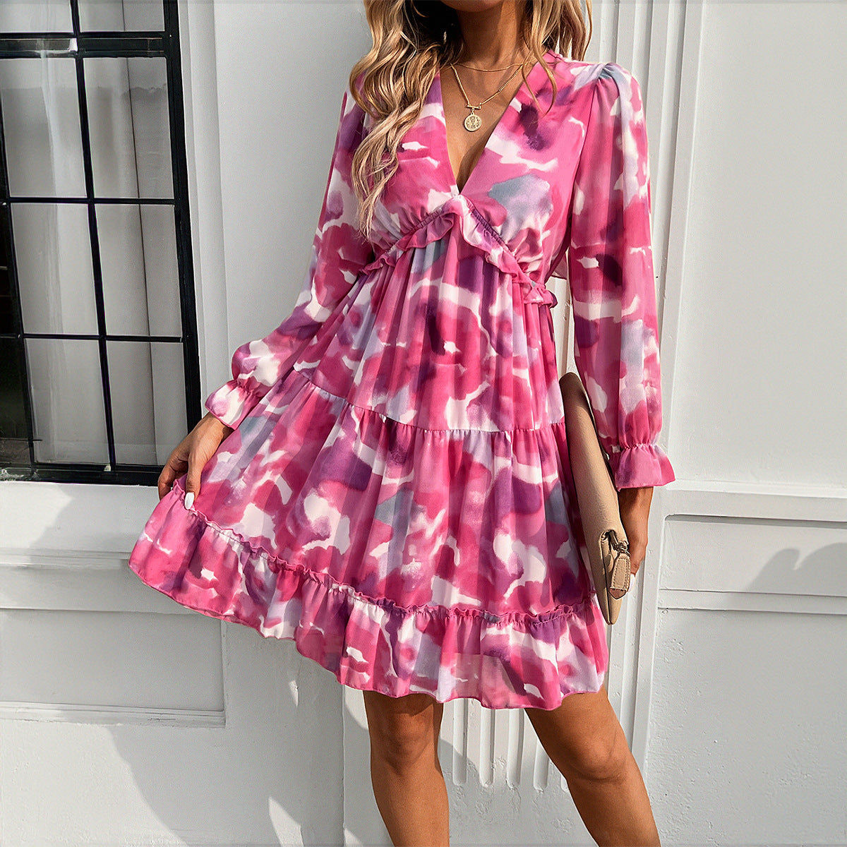 Spring And Summer Vacation Style Printed V-neck Long-sleeve Dress