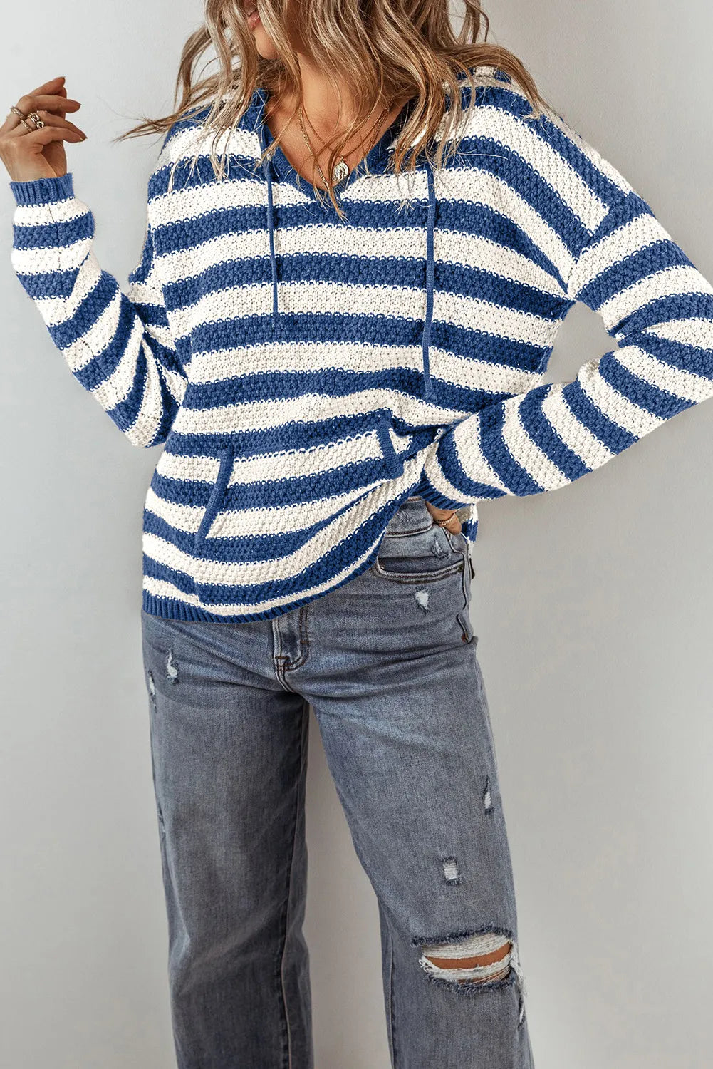 Women Draw String Stripped Hoddie Sweater
