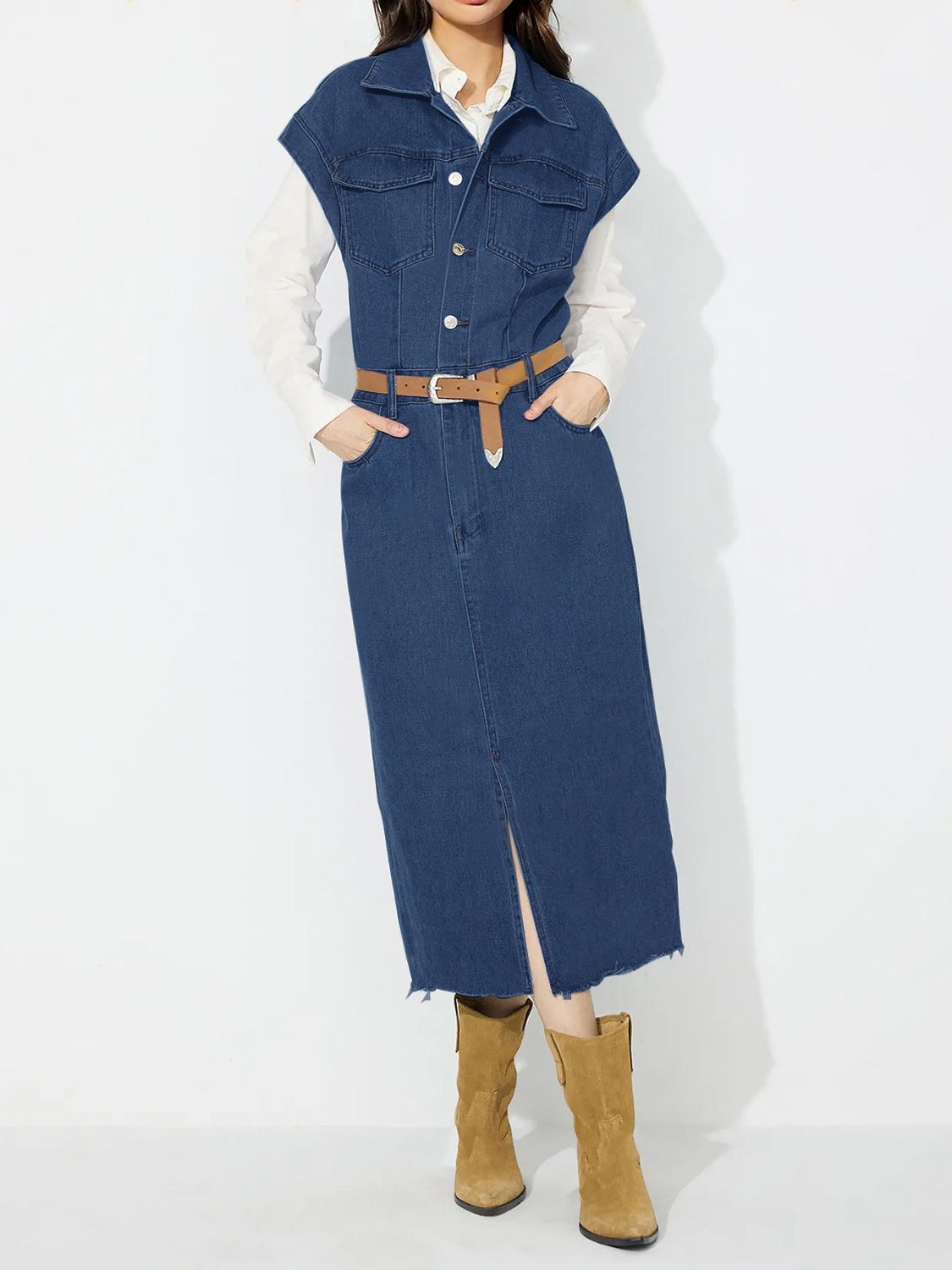 Women Slit Half Button Collared Neck Cap Sleeve Denim Dress