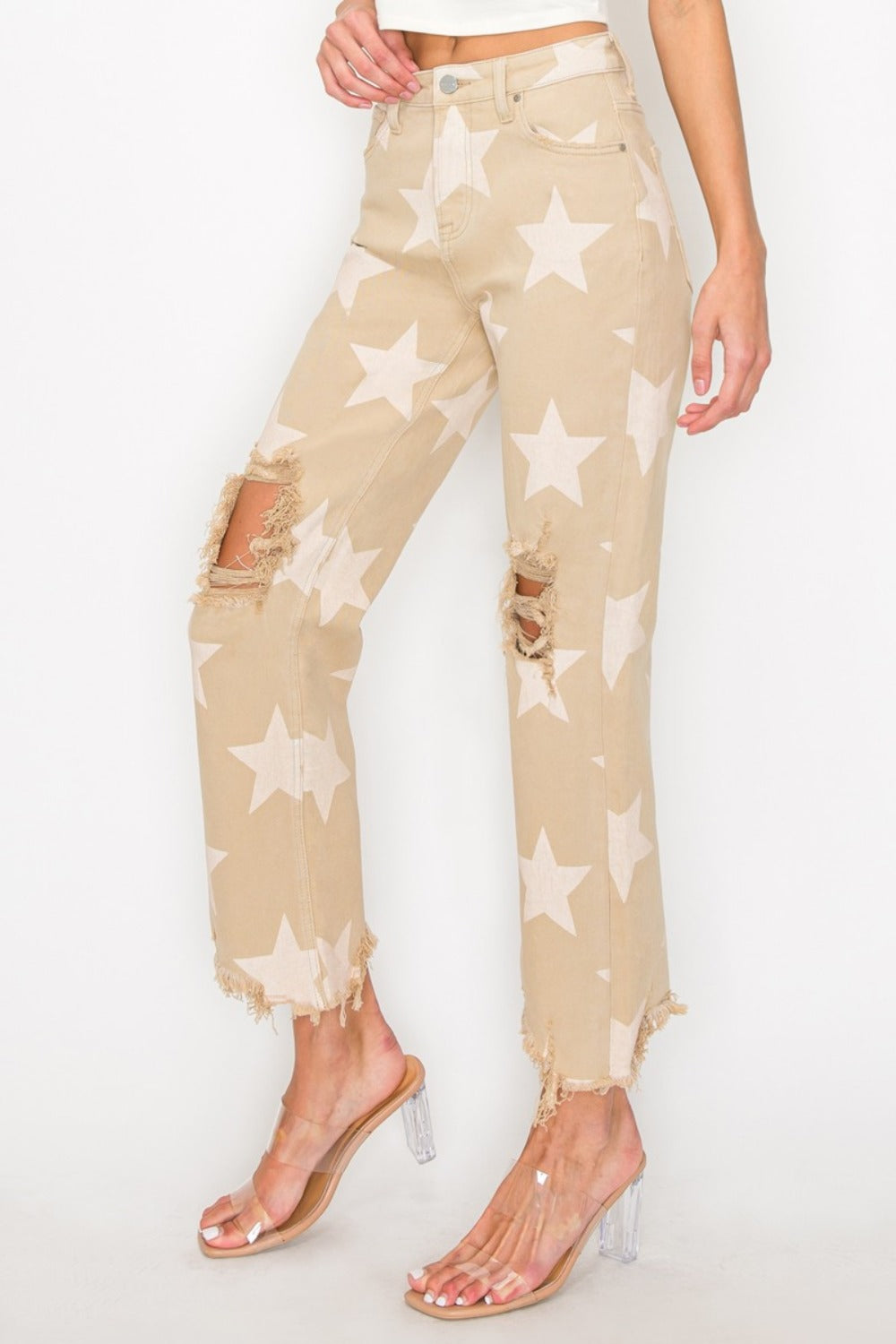 Women Full Size High Rise Star Printed Frayed Hem Jeans