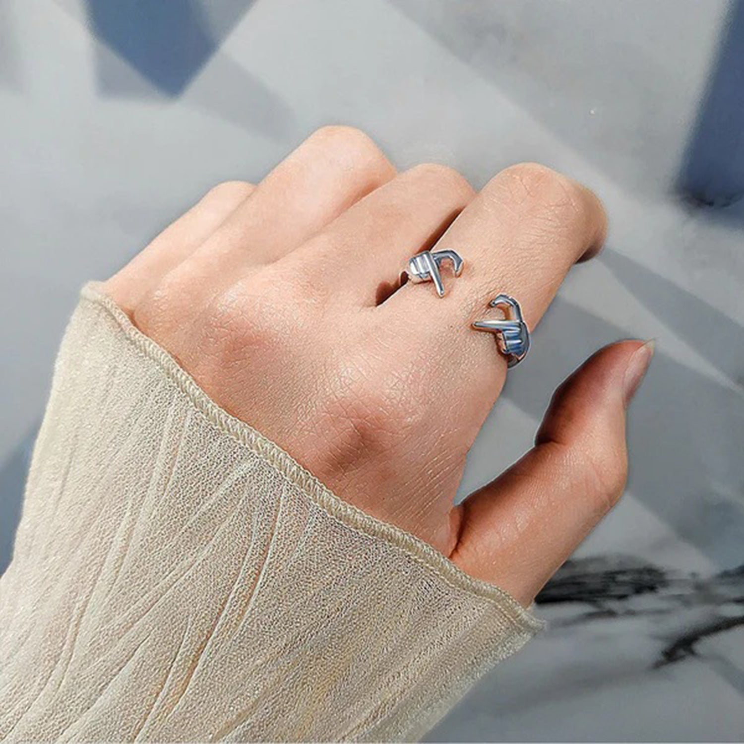Women Hand Heart Shape 925 Sterling Silver Open Ring