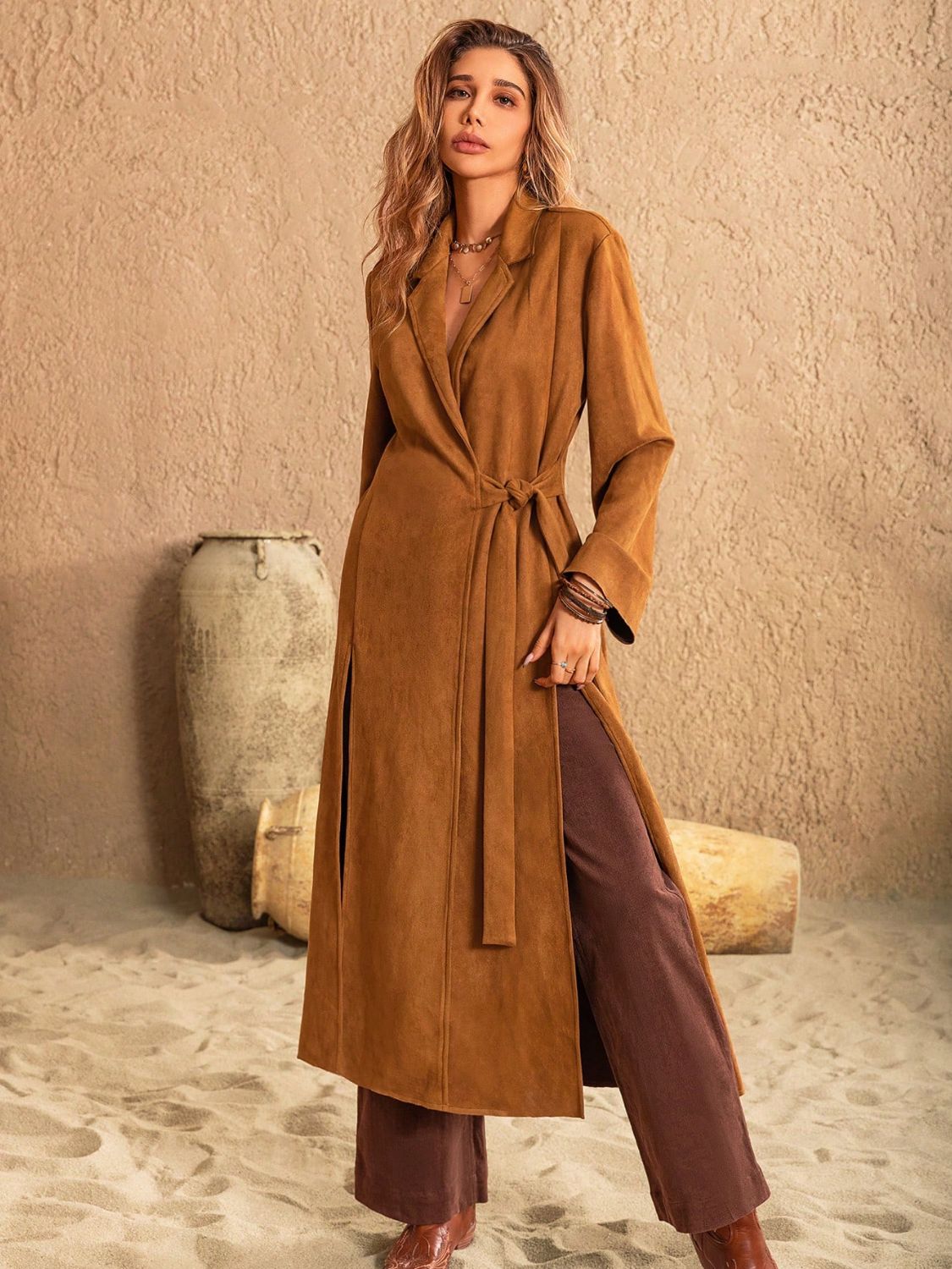 Women Slit Tied Collared Neck Longline Coat