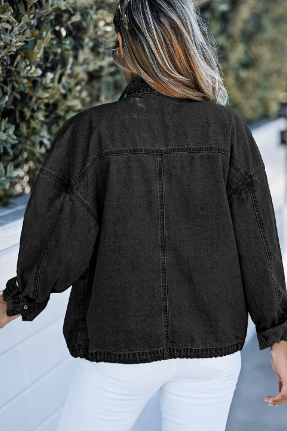 Women Drawstring Snap Down Denim Jacket with Chest Pockets