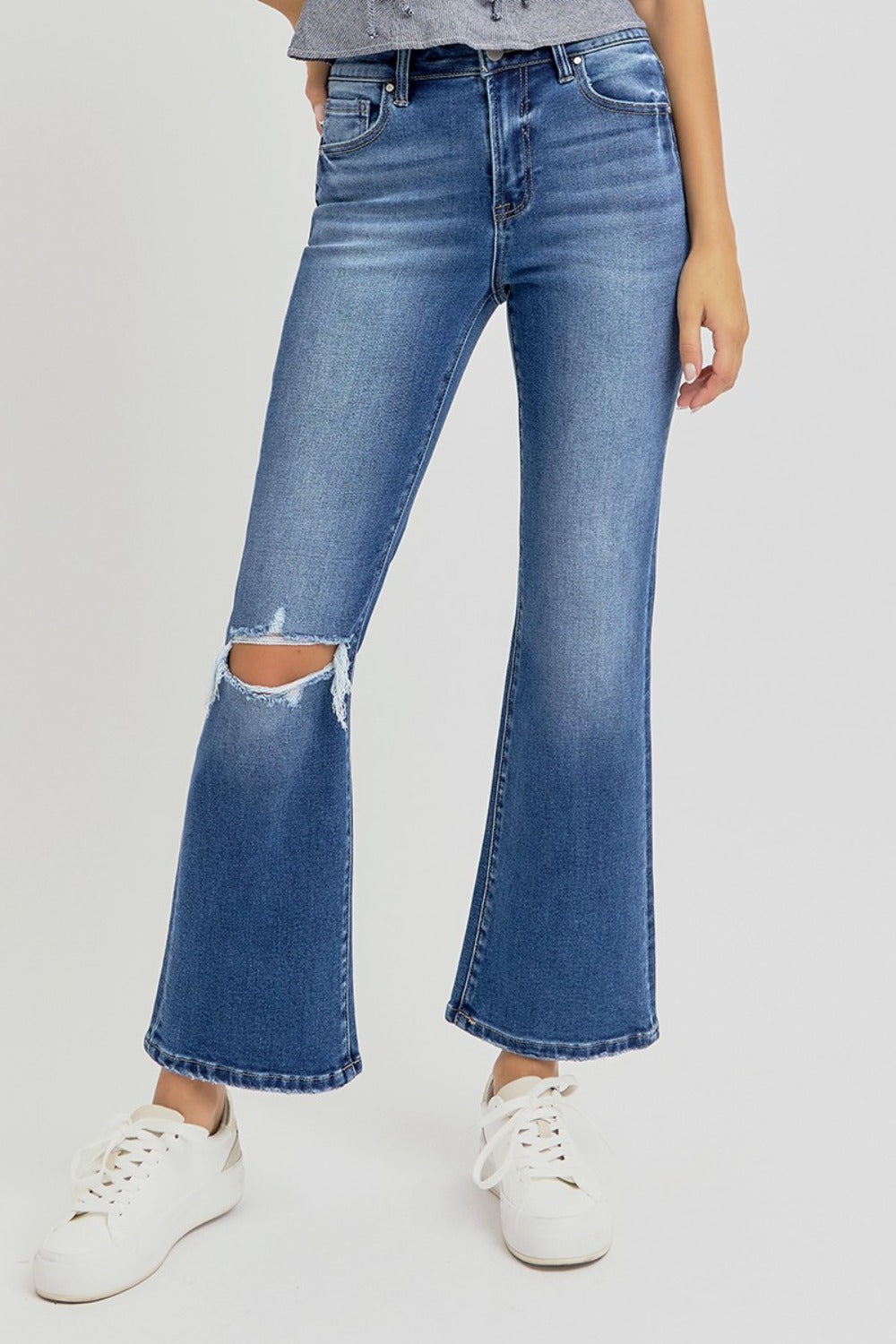 Women Full Size Distressed High Rise Crop Flare Jeans