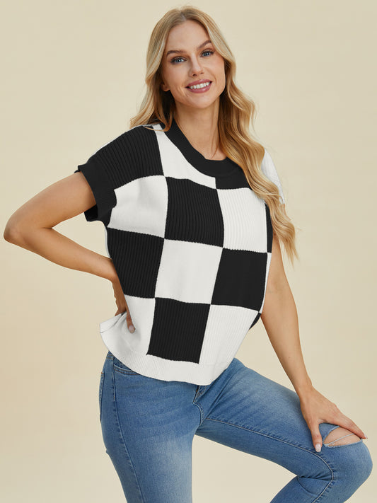 Women Full Size Checkered Round Neck Short Sleeve Sweater