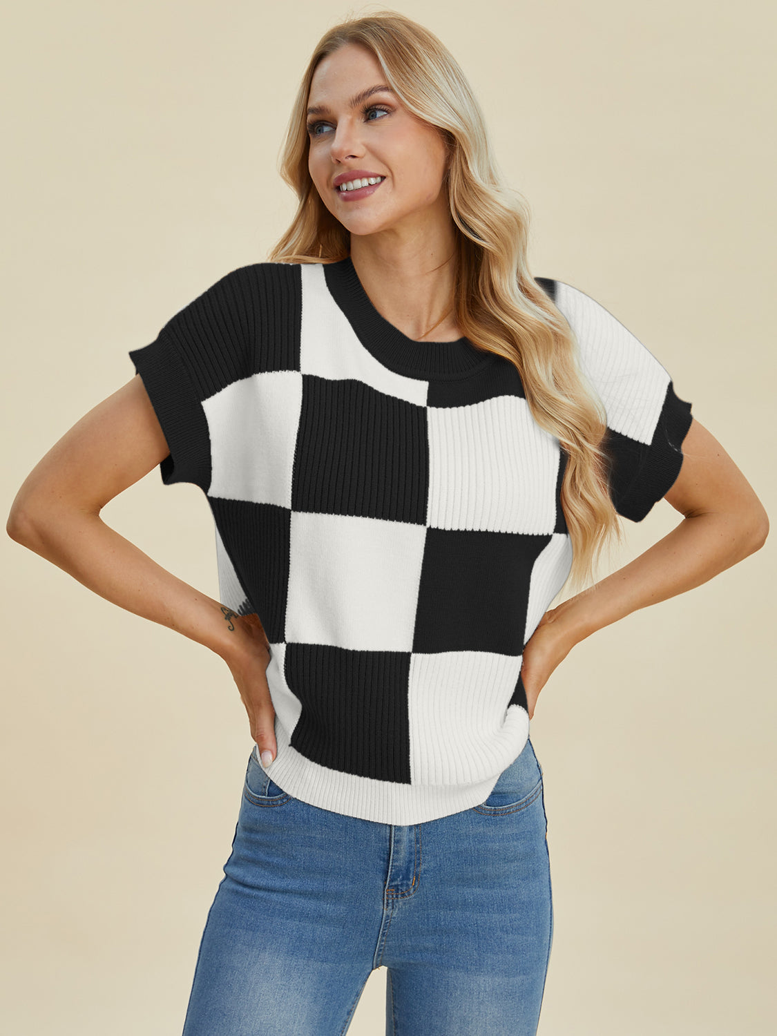 Women Full Size Checkered Round Neck Short Sleeve Sweater