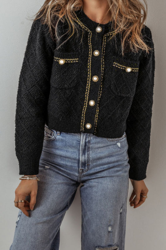 Women Round Neck Button Up Long Sleeve Cardigan