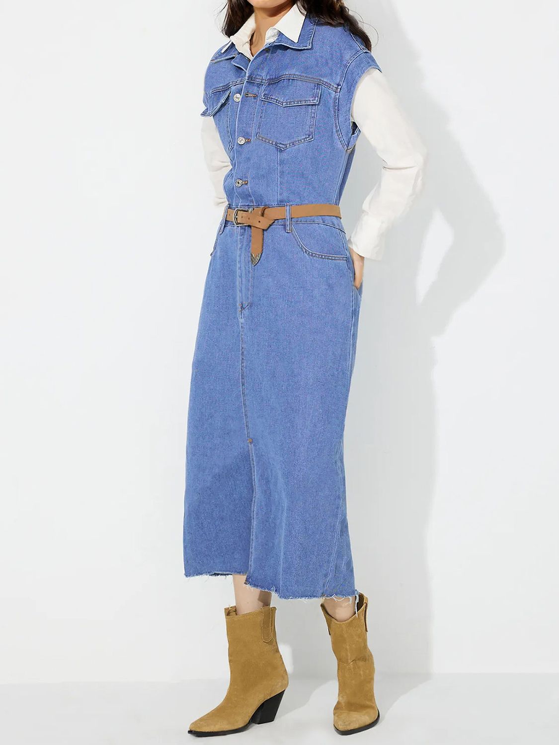 Women Slit Half Button Collared Neck Cap Sleeve Denim Dress