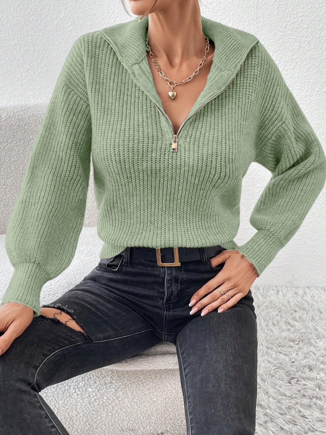 Women Half Zip Dropped Shoulder Sweater