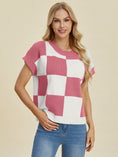 Load image into Gallery viewer, Women Full Size Checkered Round Neck Short Sleeve Sweater
