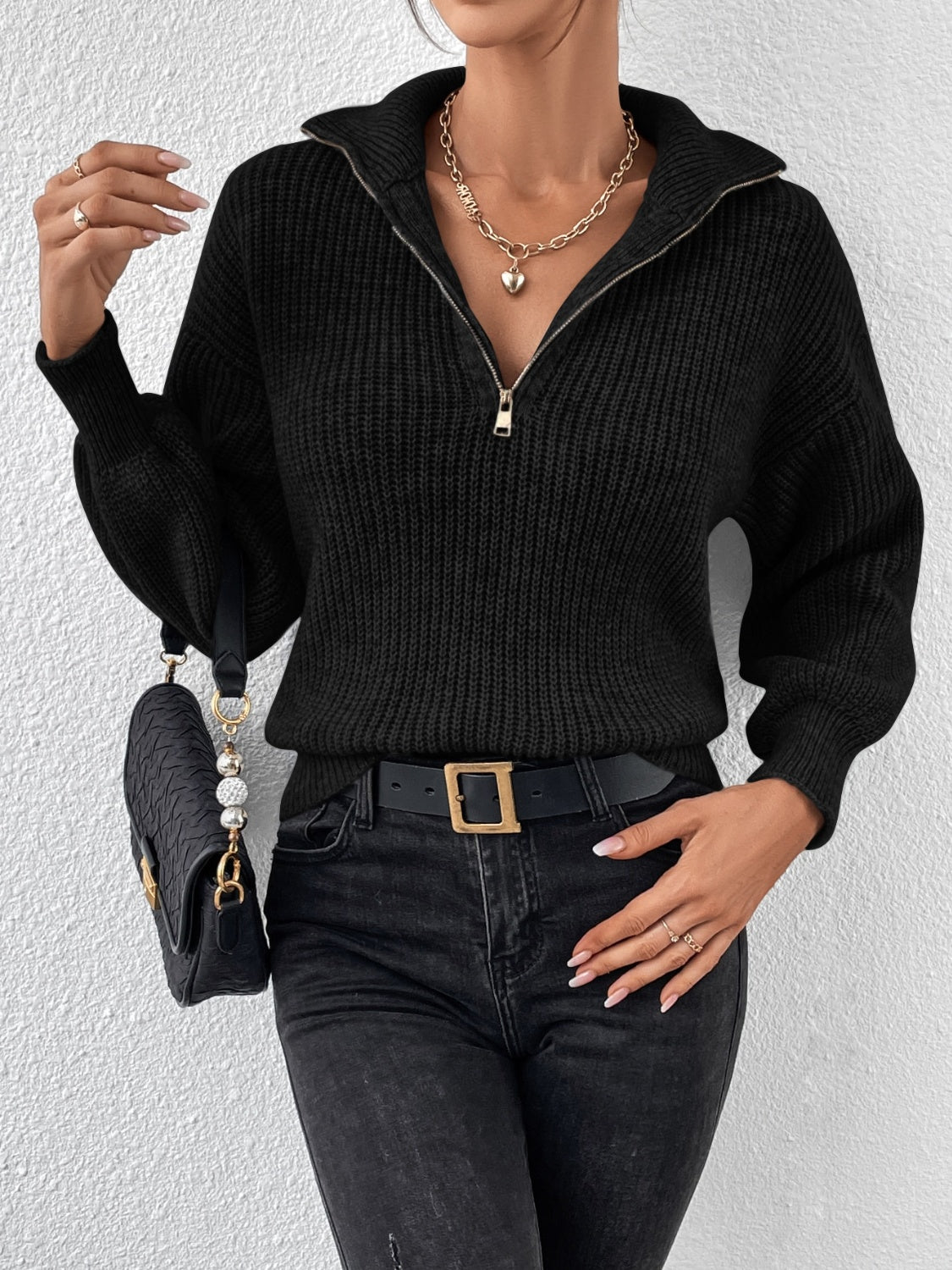 Women Half Zip Dropped Shoulder Sweater