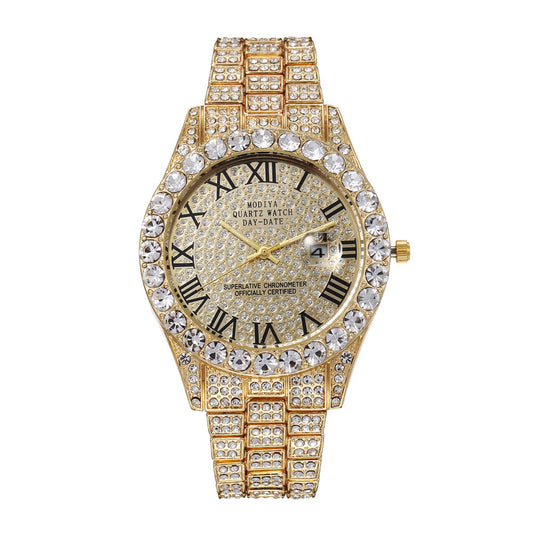 Women Full Diamond Surface Roman Scale Steel Watch