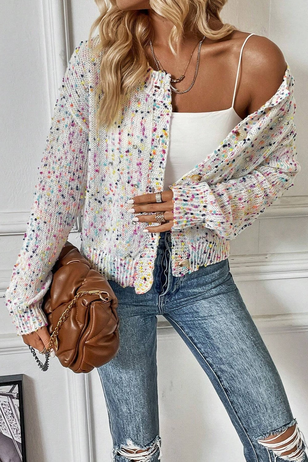 Women Confetti Button Up Long Sleeve Cardigan