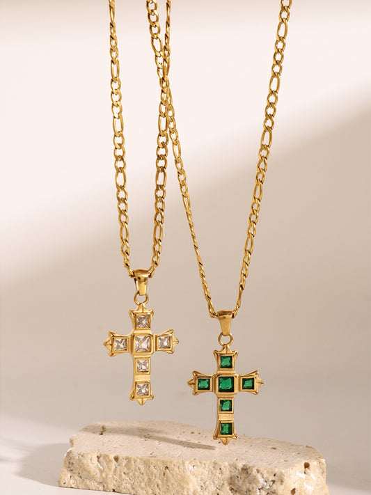 Women Stainless Steel Zircon Cross Pendant Necklace