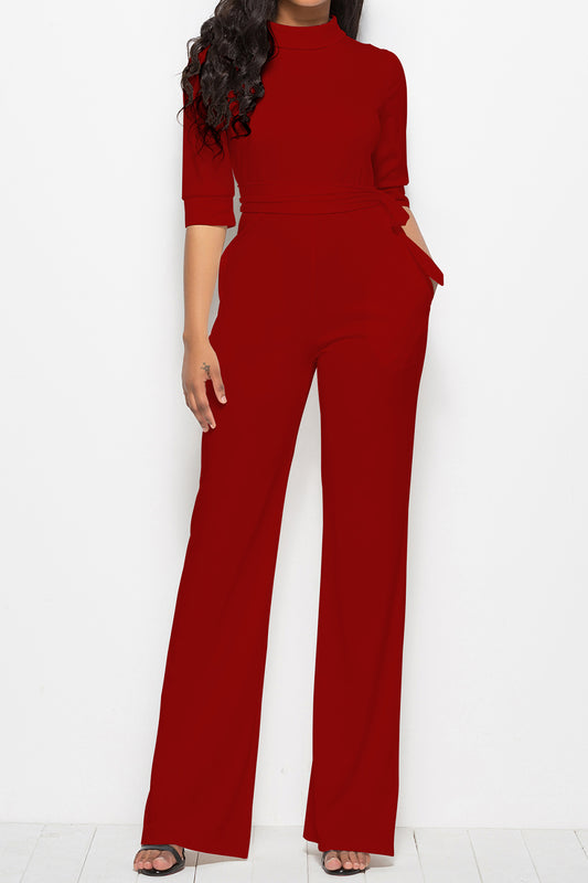 Women Mock Neck Tie-Waist Half Sleeve Jumpsuit