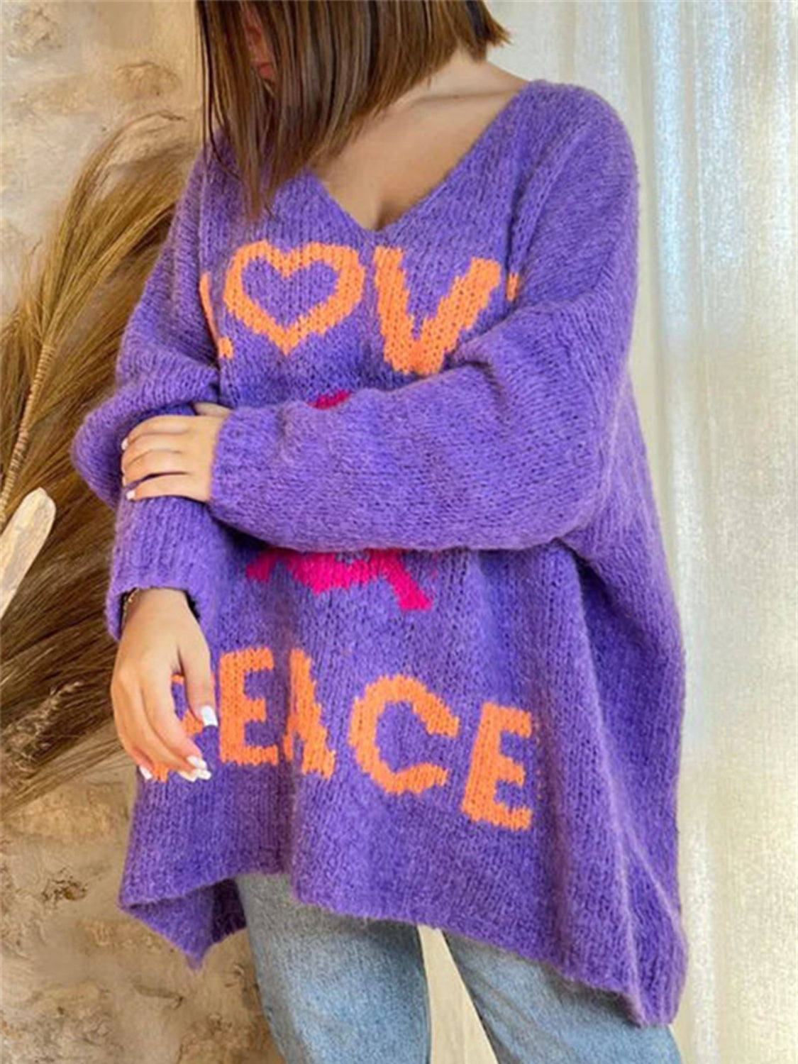 Women Peace Graphic V-Neck Long Sleeve Sweater