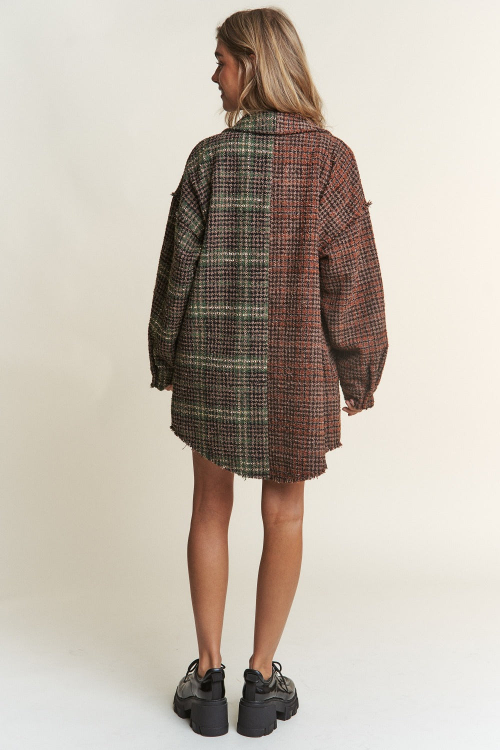 Women Snap Down Tweed Plaid Contrast  Longline Shacket
