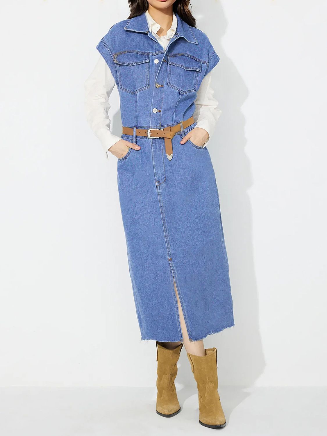 Women Slit Half Button Collared Neck Cap Sleeve Denim Dress