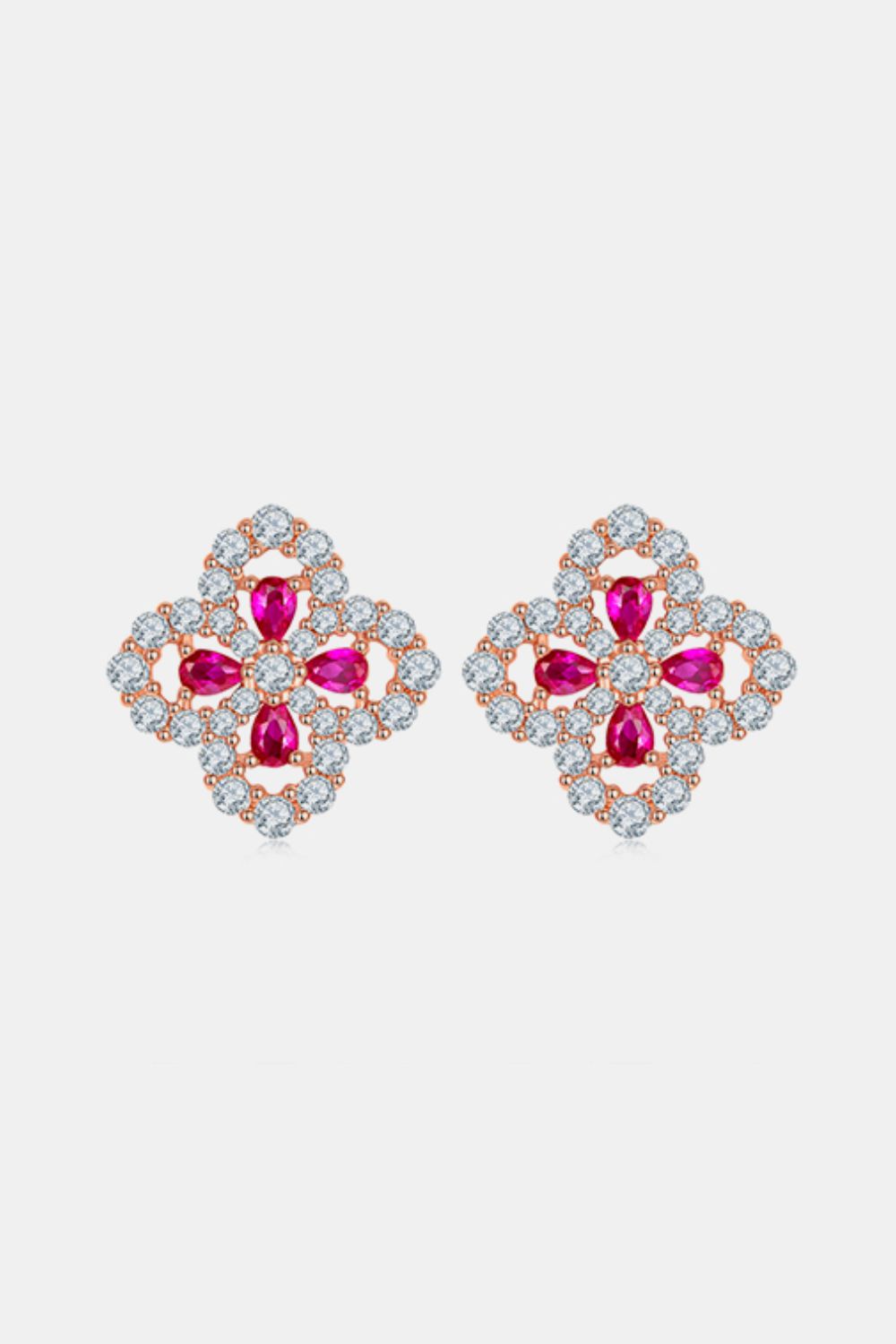 Women 925 Sterling Silver Lab-Grown Ruby Flower Shape Stud Earrings