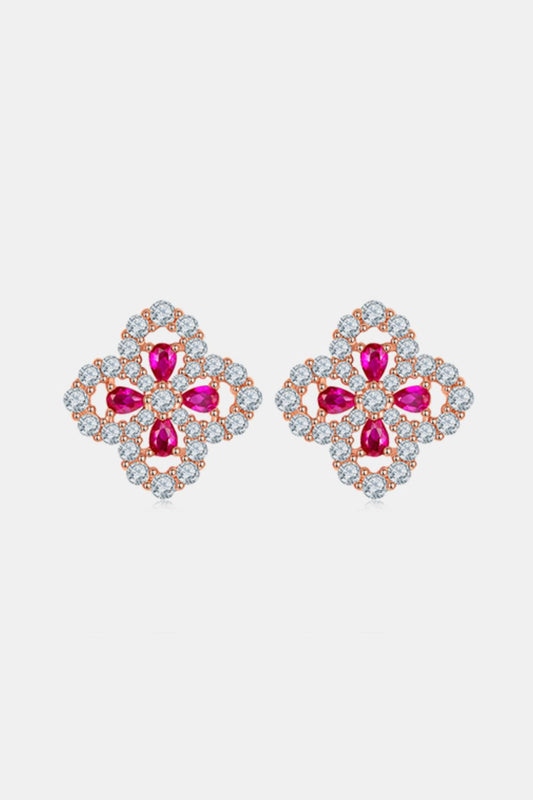 Women 925 Sterling Silver Lab-Grown Ruby Flower Shape Stud Earrings