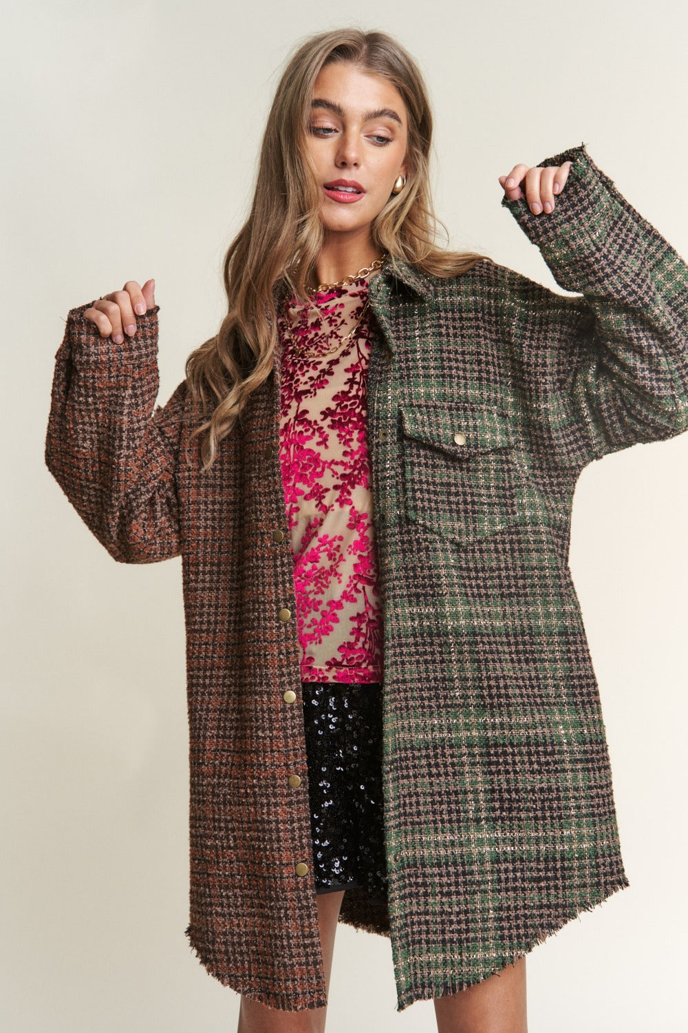 Women Snap Down Tweed Plaid Contrast  Longline Shacket