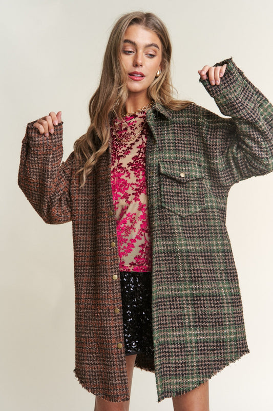 Women Snap Down Tweed Plaid Contrast  Longline Shacket