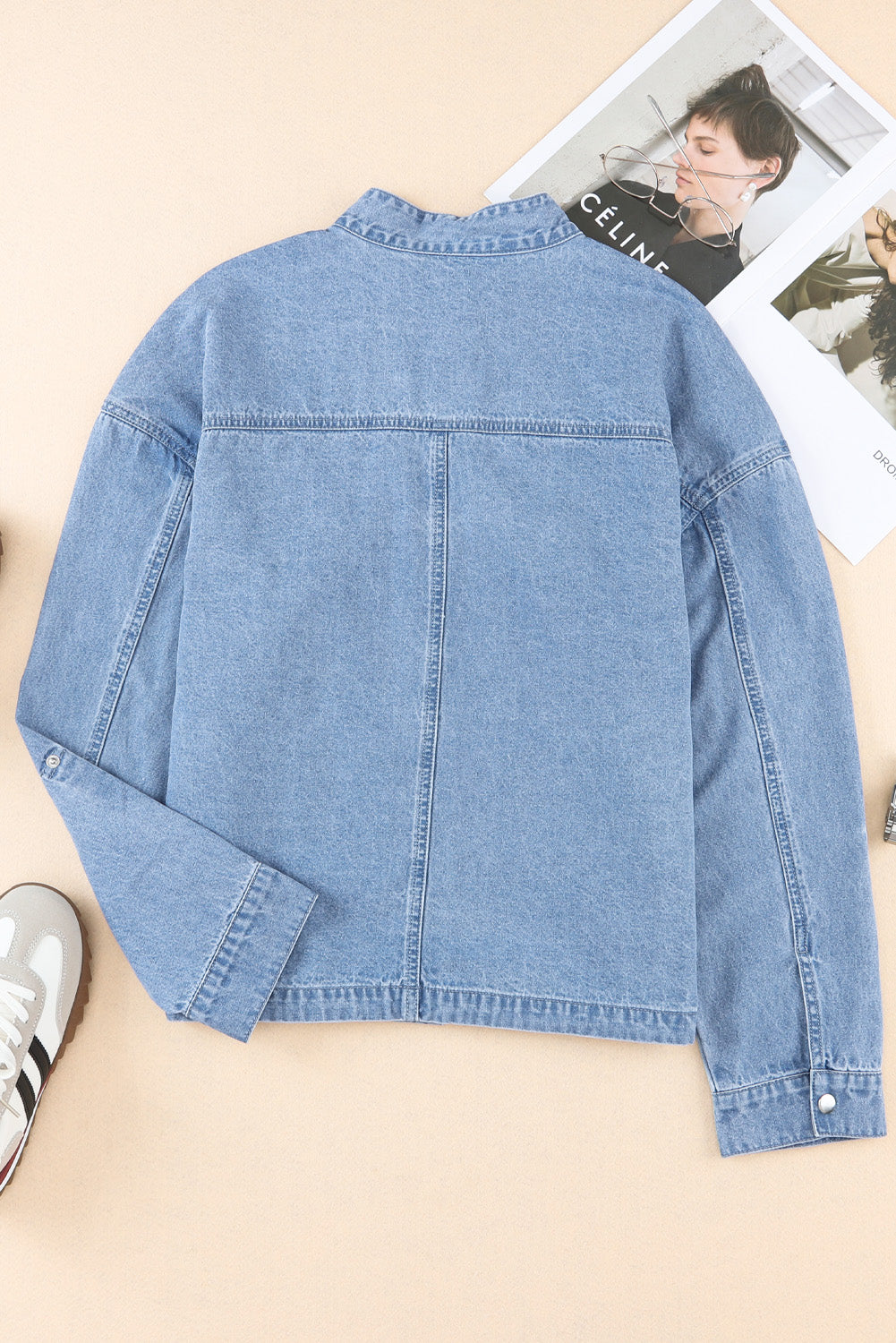 Women Drawstring Snap Down Denim Jacket with Chest Pockets