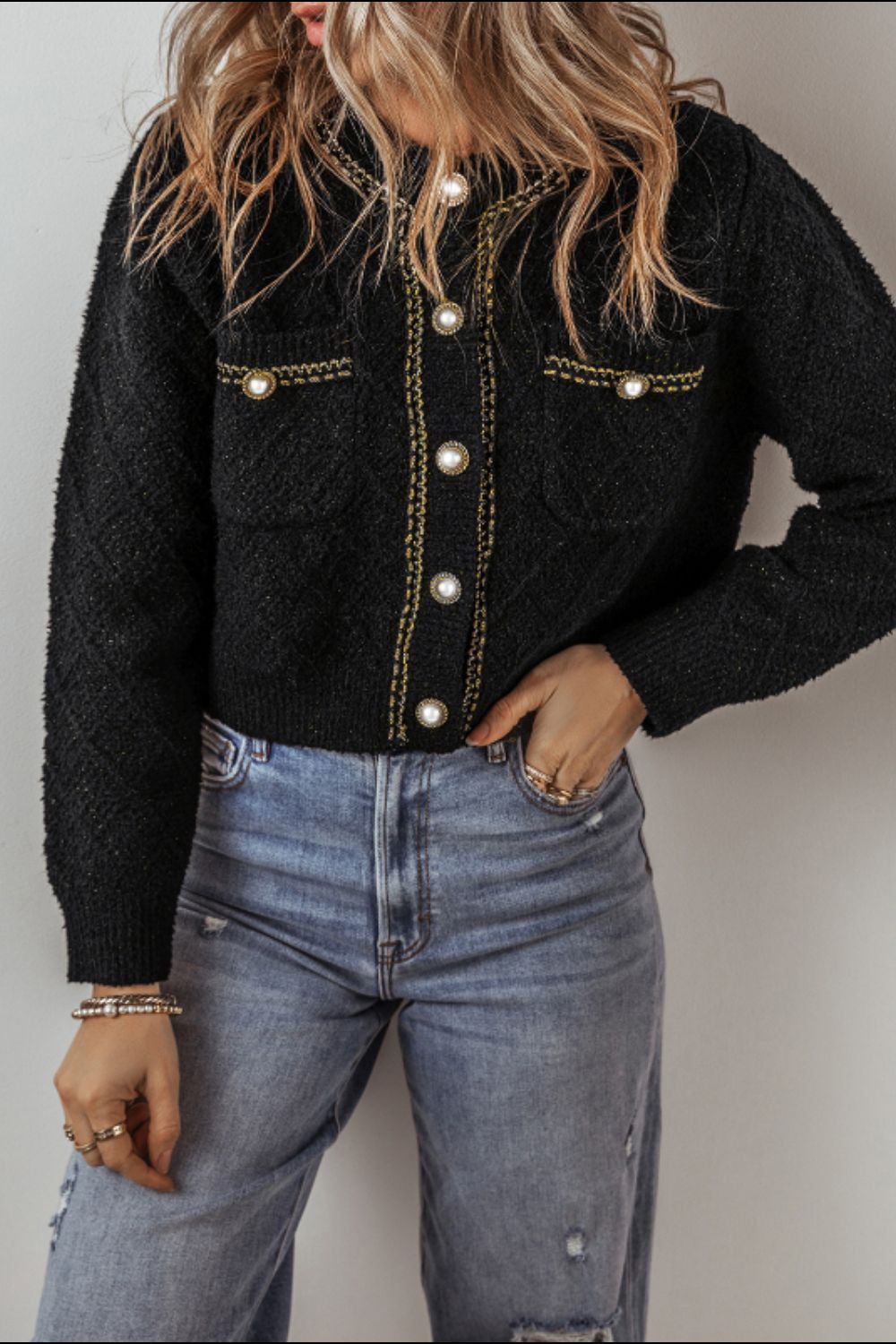 Women Round Neck Button Up Long Sleeve Cardigan