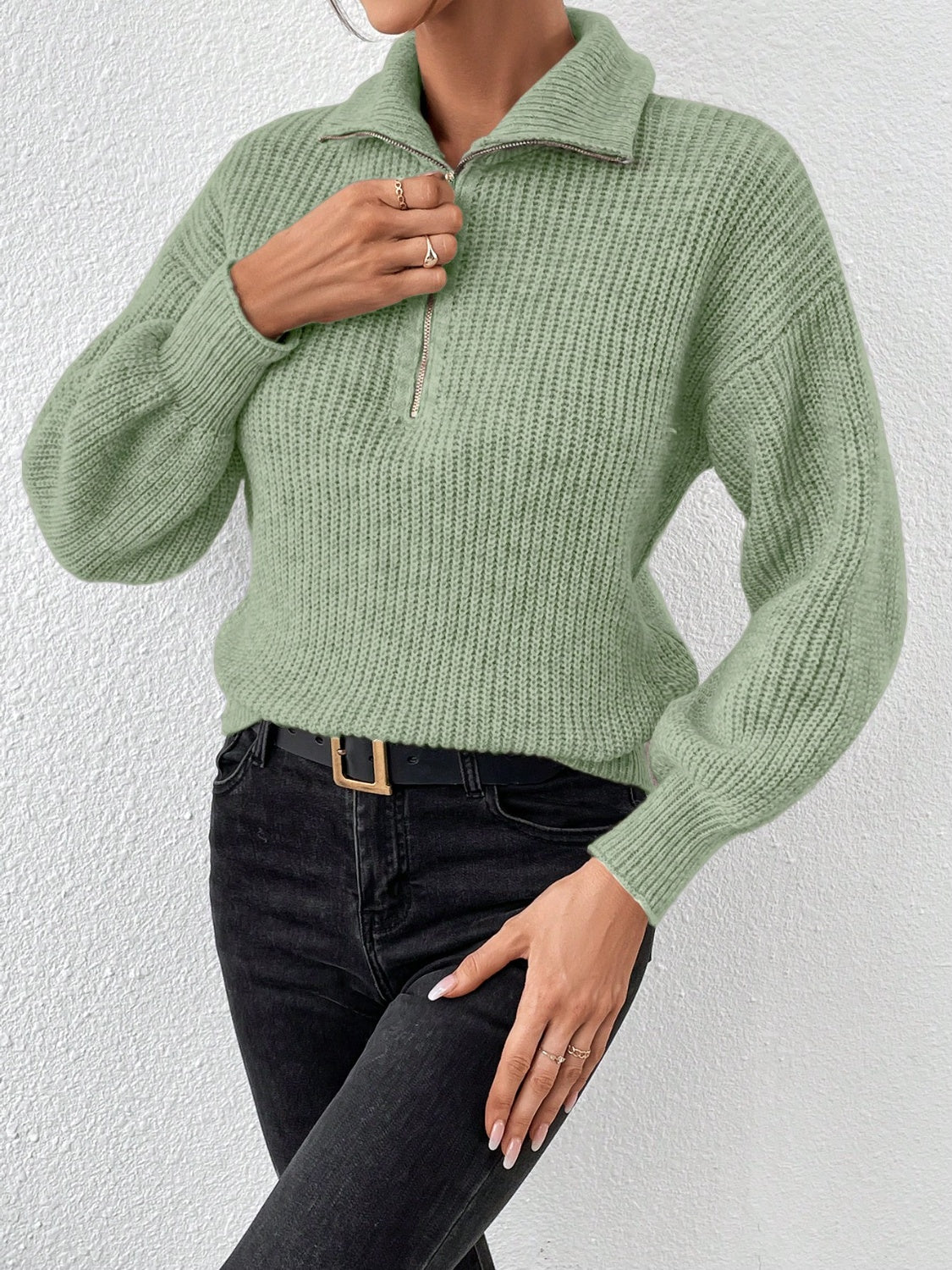 Women Half Zip Dropped Shoulder Sweater
