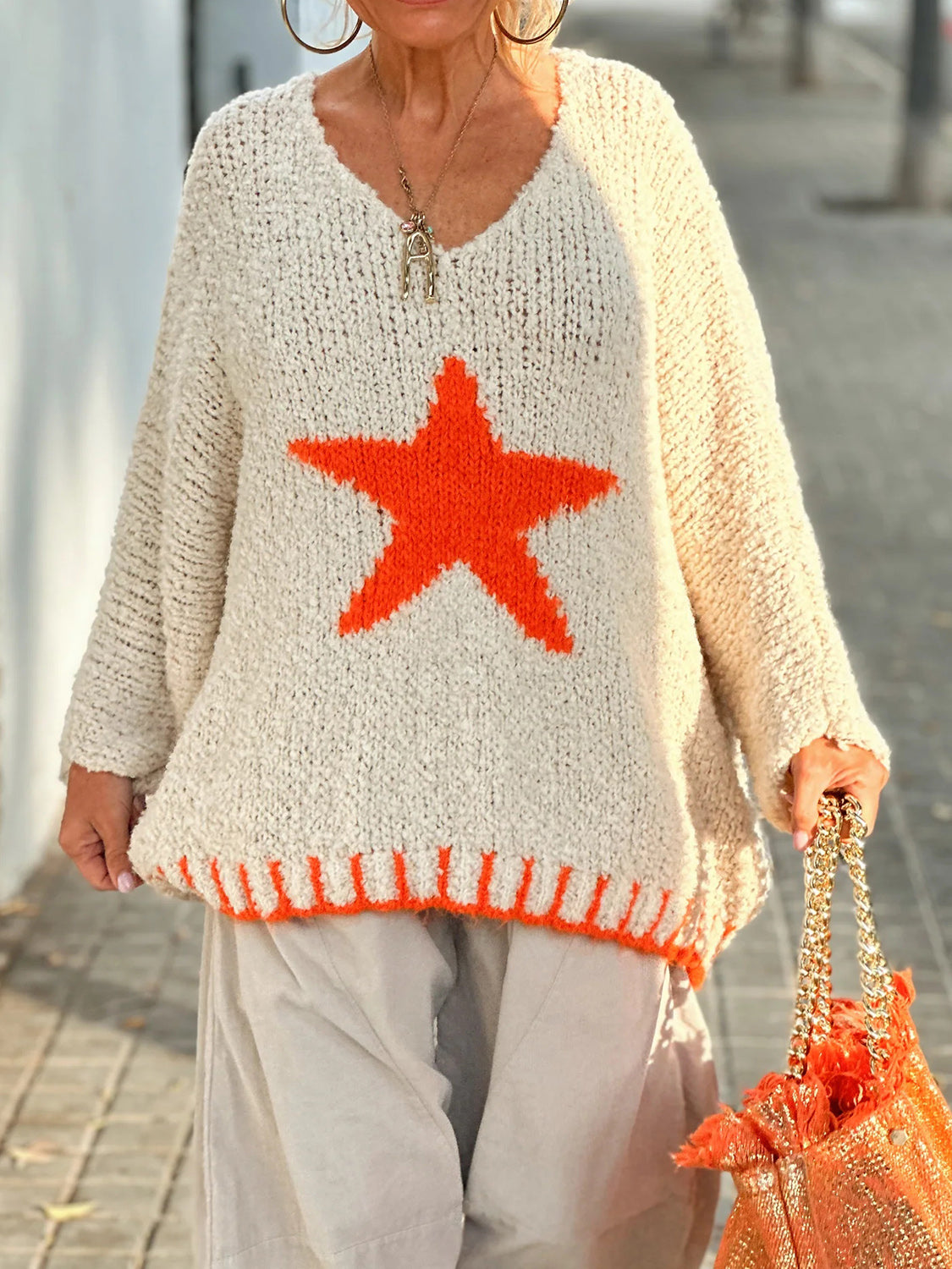 Women Star V-Neck Long Sleeve Oversize Sweater