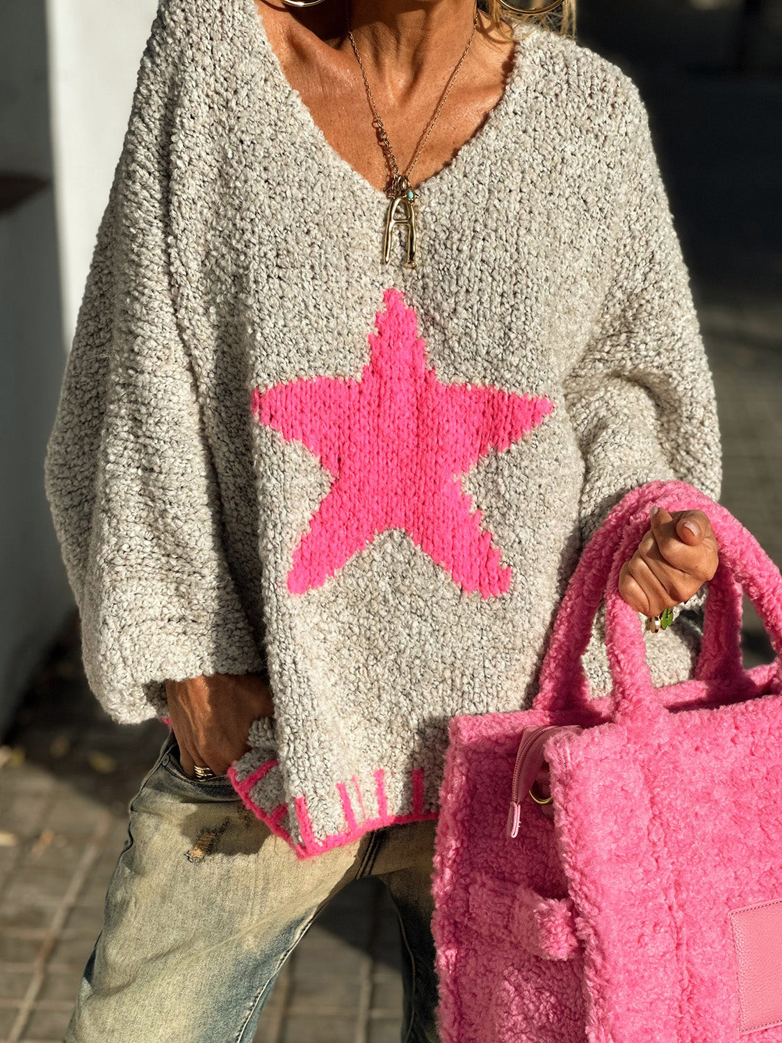 Women Star V-Neck Long Sleeve Oversize Sweater