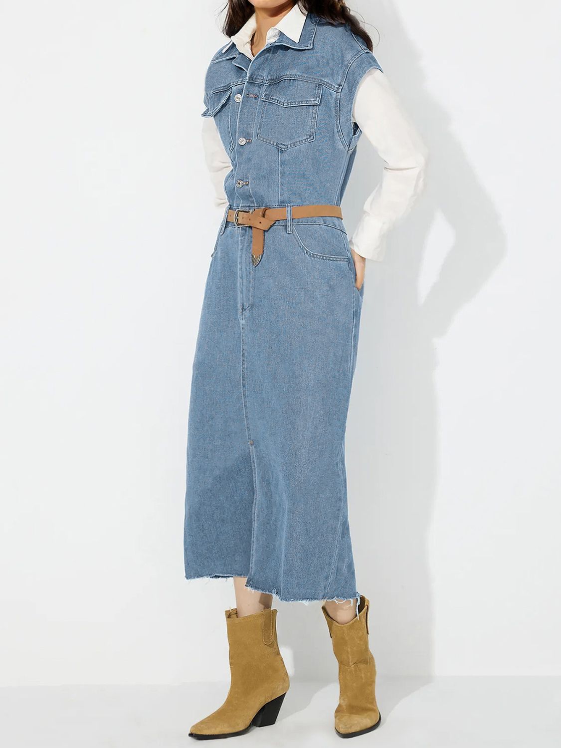 Women Slit Half Button Collared Neck Cap Sleeve Denim Dress