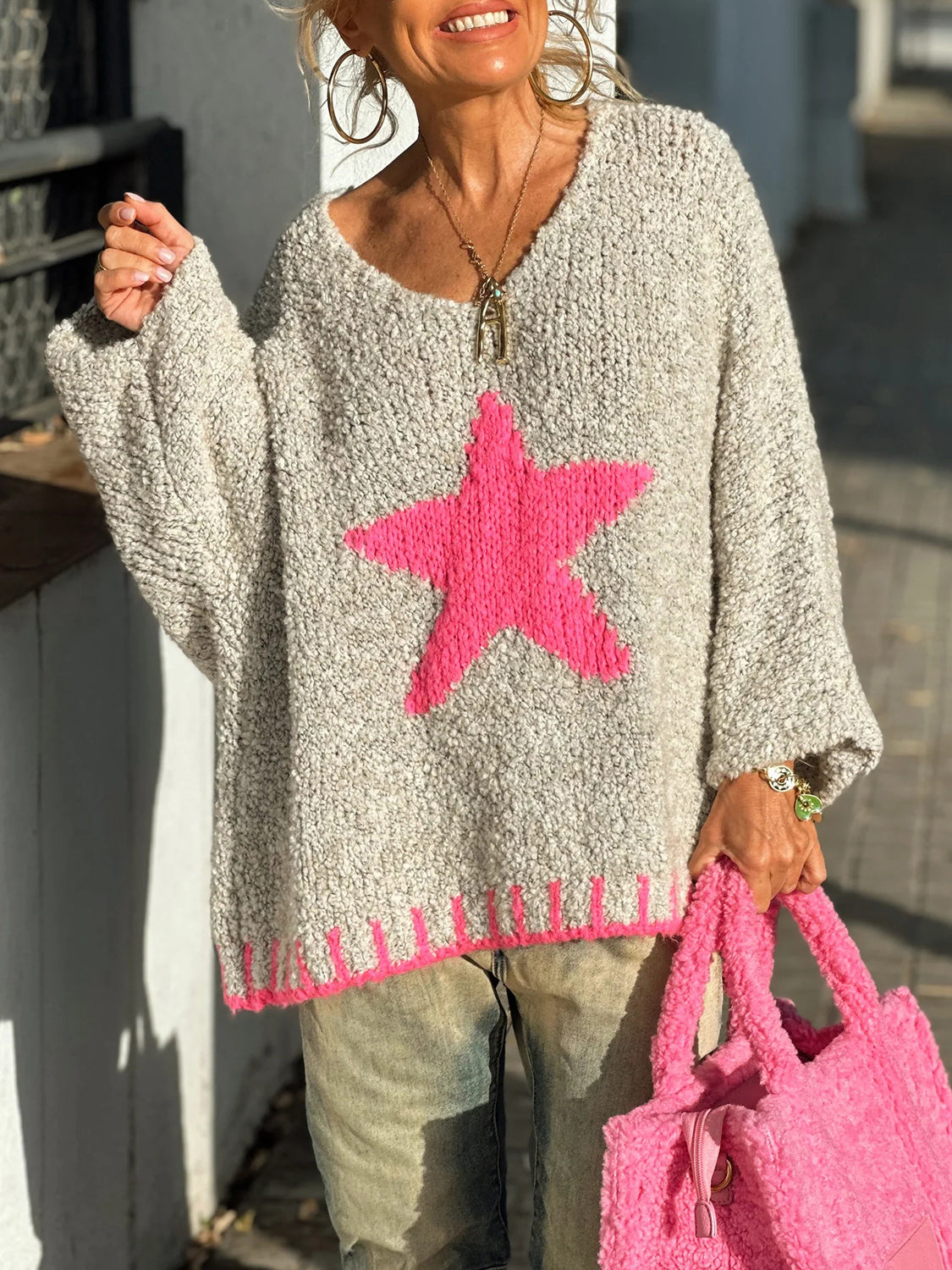 Women Star V-Neck Long Sleeve Oversize Sweater