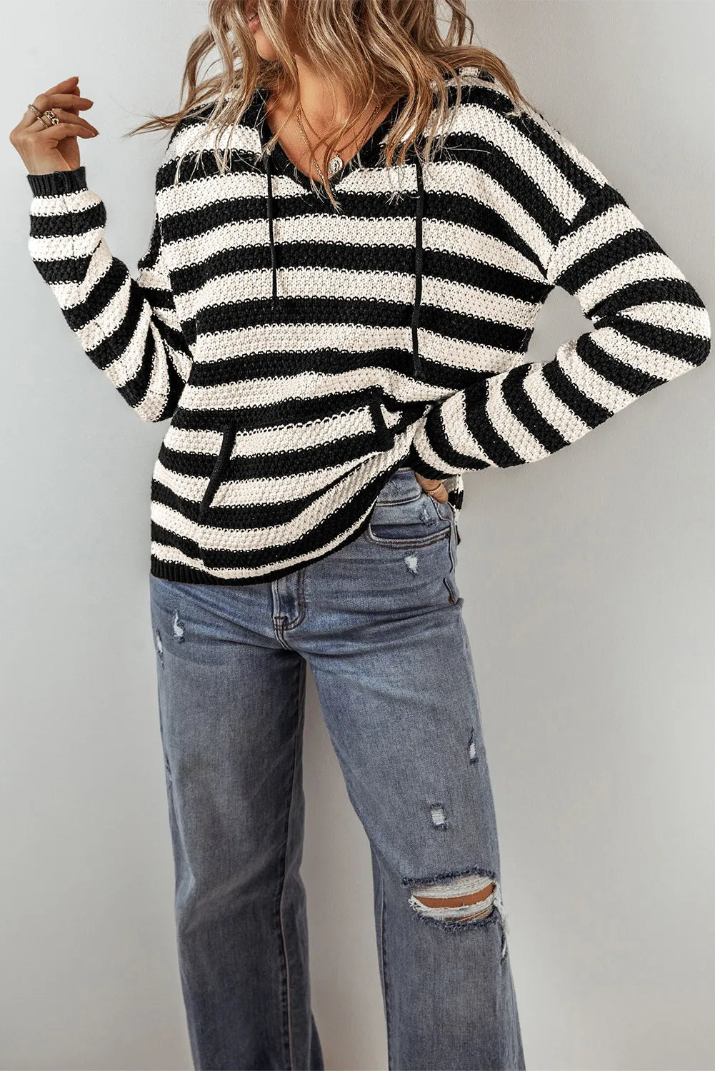 Women Draw String Stripped Hoddie Sweater
