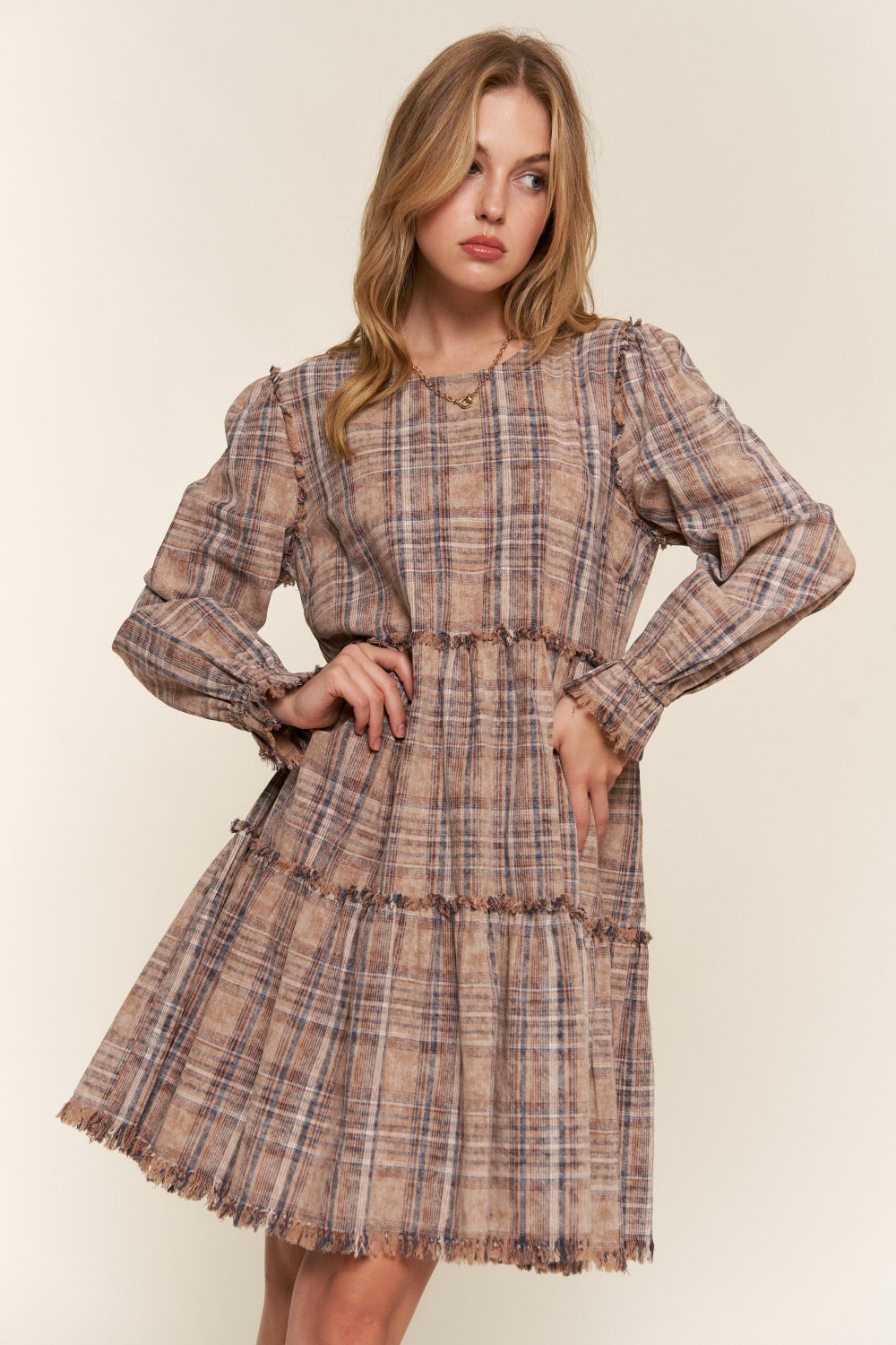 Women Full Size Washed Frayed Tiered Plaid Dress