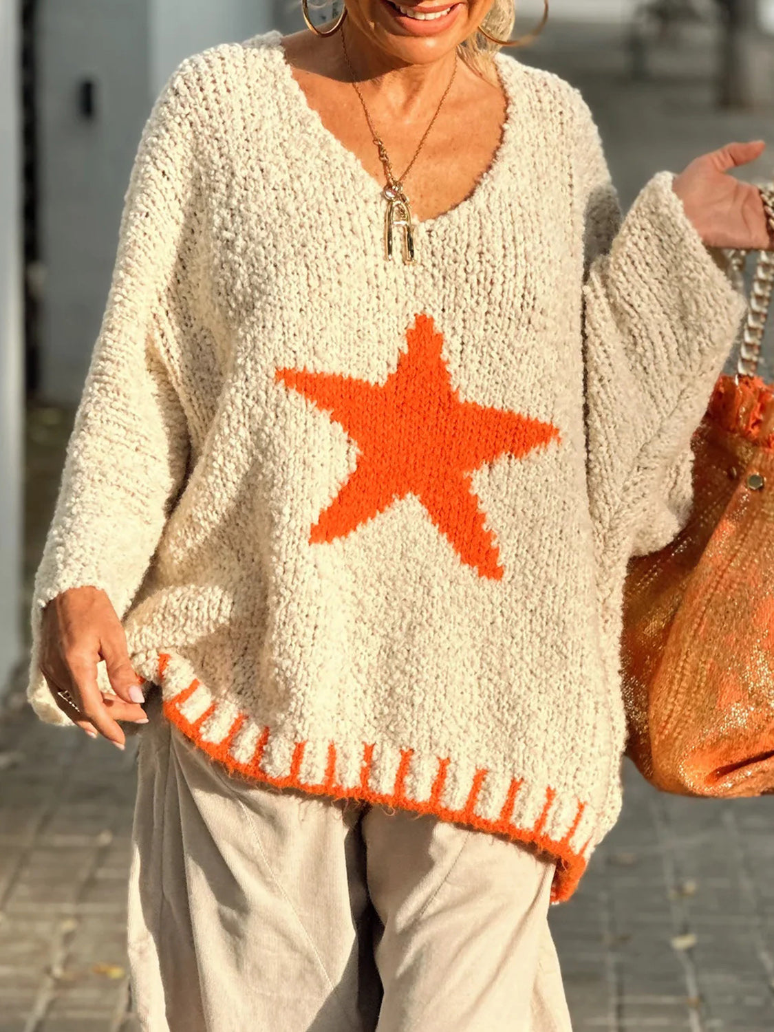 Women Star V-Neck Long Sleeve Oversize Sweater