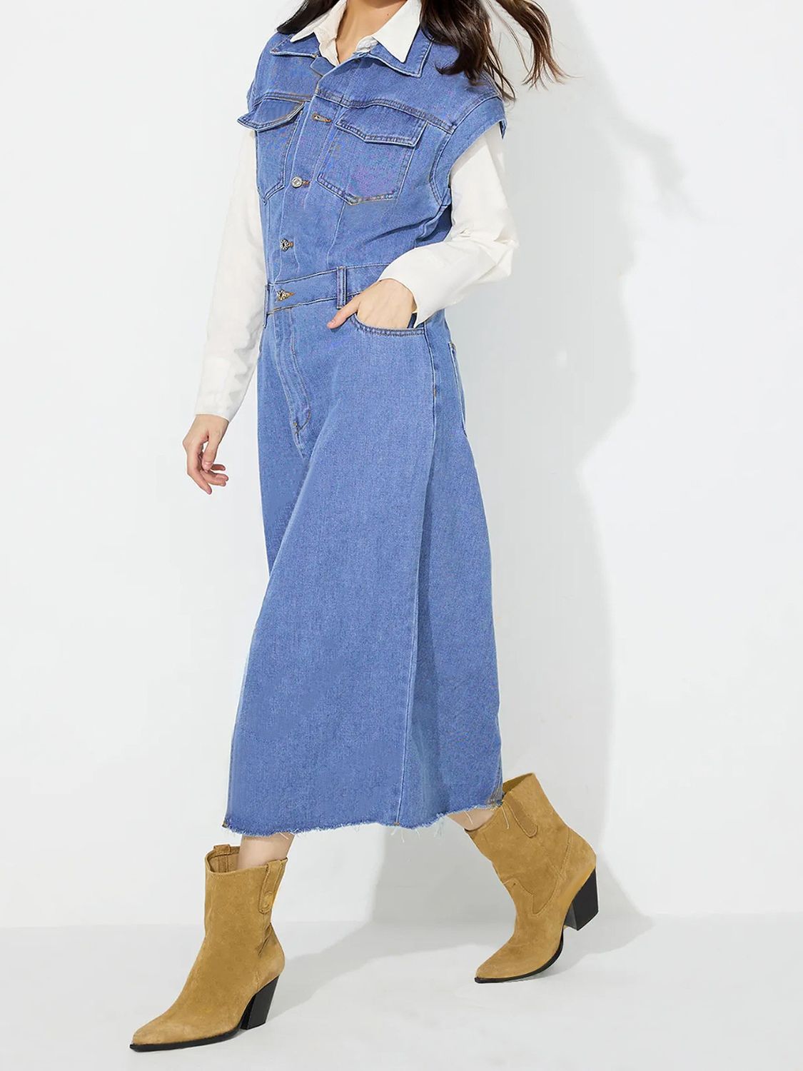 Women Slit Half Button Collared Neck Cap Sleeve Denim Dress