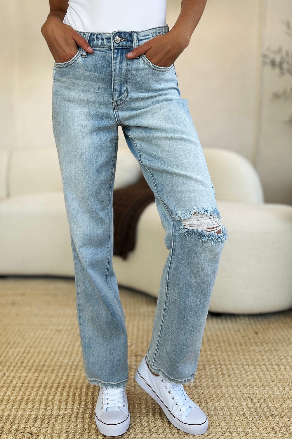 Women Full Size High Waist Distressed Straight Jeans