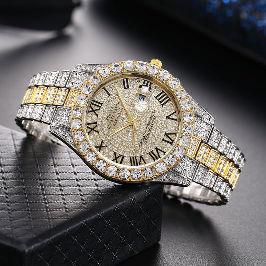 Women Full Diamond Surface Roman Scale Steel Watch