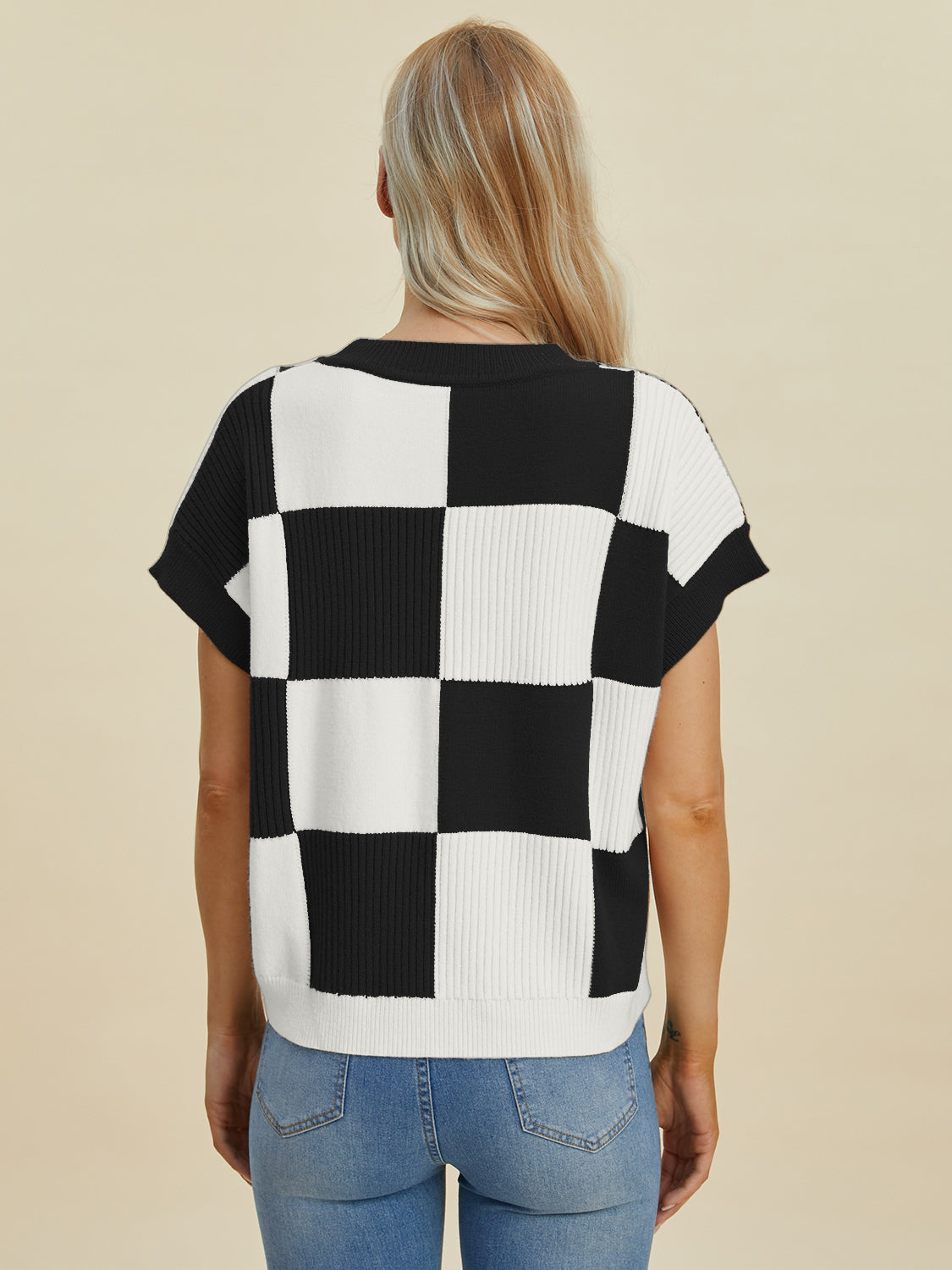 Women Full Size Checkered Round Neck Short Sleeve Sweater