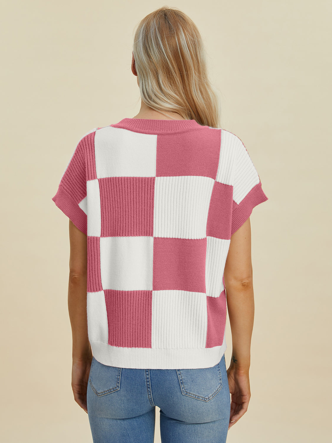 Women Full Size Checkered Round Neck Short Sleeve Sweater