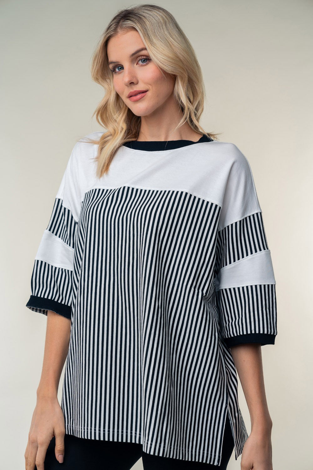 Women Full Size Striped Contrast Round Neck Top