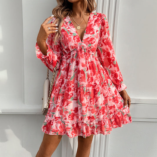 Spring And Summer Vacation Style Printed V-neck Long-sleeve Dress