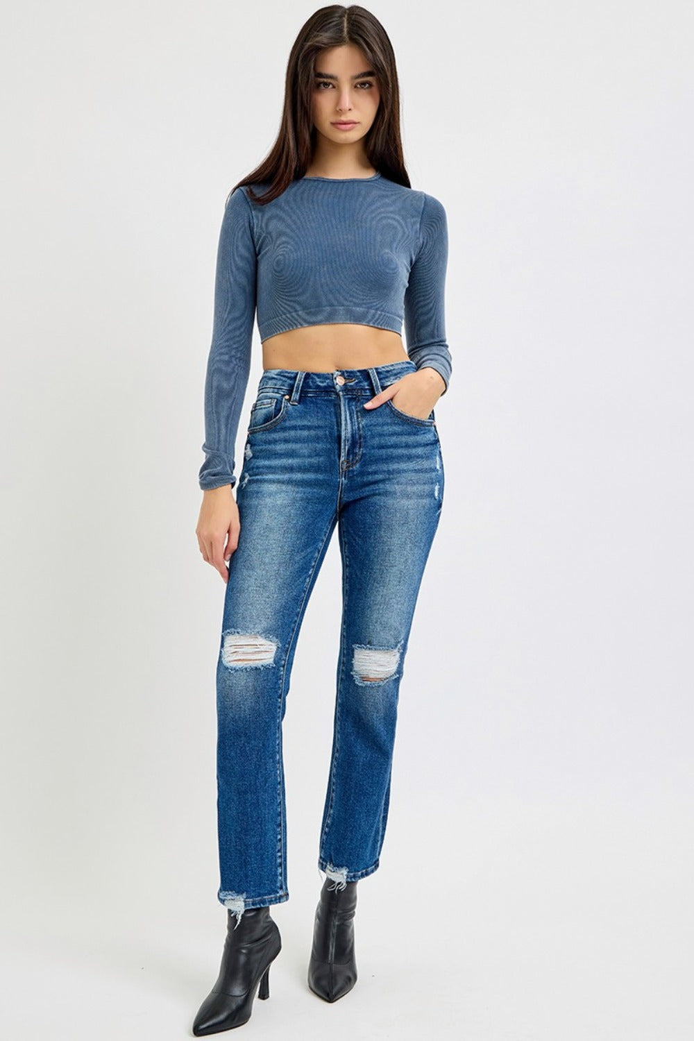 Women Full Size High Rise Distressed Crop Straight Jeans